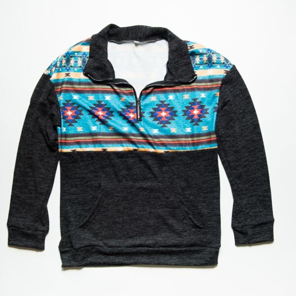 Aztec Print Pullover With Kangaroo Pocket